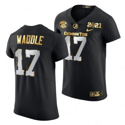 Men's Alabama Crimson Tide #17 Jaylen Waddle 2021 Playoff Championship Black Golden NCAA College Football Jersey 2403UEYZ1